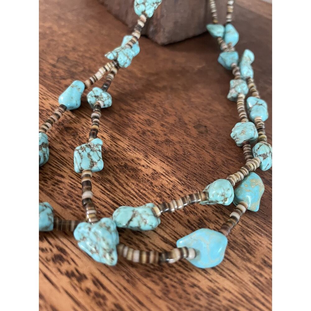 Double Strand Zuni Turquoise Nugget Handcut Heishi Native American Necklace - Picture 8 of 13